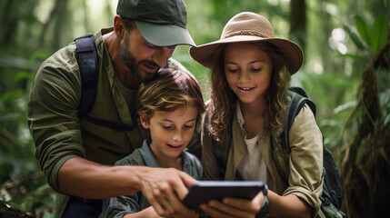 A family using augmented reality (AR) apps to enhance their outdoor adventures and exploration, digital native, Gen Alpha