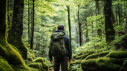 A traveler exploring a pristine forest while practicing Leave No Trace principles, Sustainable travel