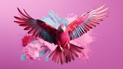  a colorful bird flying through the air on a pink background.  generative ai