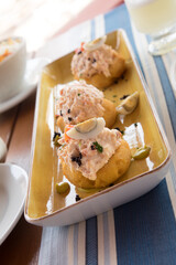 Causa peruvian food crab meat filling mashed potatoes
