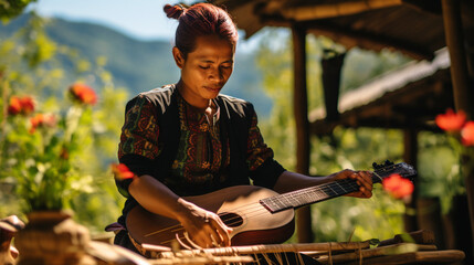 A traveler participating in a community-based tourism project, supporting local culture and livelihoods, Sustainable travel - obrazy, fototapety, plakaty