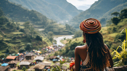 A scenic view of a traveler enjoying a sustainable and culturally enriching festival or event, Sustainable travel