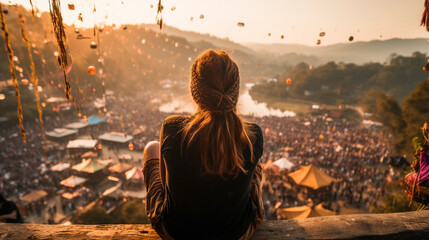 A scenic view of a traveler enjoying a sustainable and culturally enriching festival or event, Sustainable travel - obrazy, fototapety, plakaty