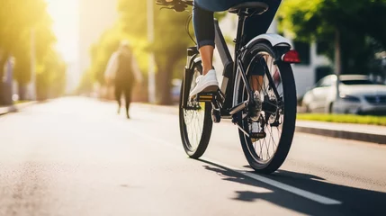 Zelfklevend Fotobehang A person zipping through a dedicated bike lane on a stylish electric bicycle, Mini mobility, with copy space © Катерина Євтехова