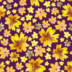 Fototapeten Seamless pattern of watercolor delicate yellow flowers. Hand drawn illustration. Botanical hand painted floral elements on purple background. © Nataliia