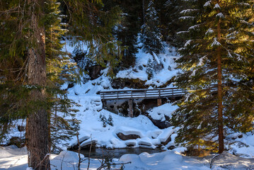 Empty mountainside fenced walkway running along a stream in a snowy forest on a sunny winter day