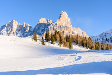 Coss-country ski trail in a snowy meadow bordered with trees at the foot of a majestic rocky peak on a sunny winter day