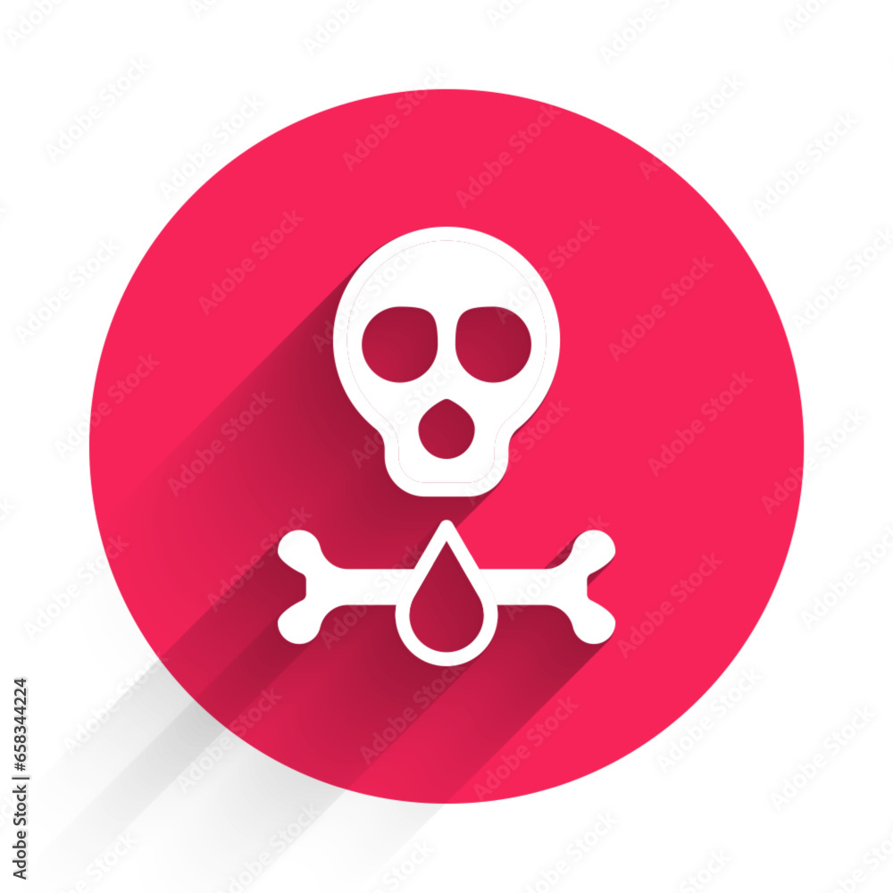 Poster white bones and skull as a sign of toxicity warning icon isolated with long shadow background. red c