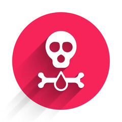 White Bones and skull as a sign of toxicity warning icon isolated with long shadow background. Red circle button. Vector