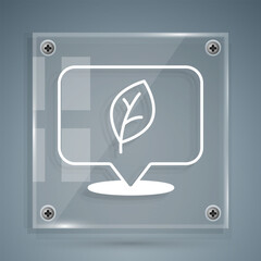 White Location with leaf icon isolated on grey background. Eco energy concept. Alternative energy concept. Square glass panels. Vector