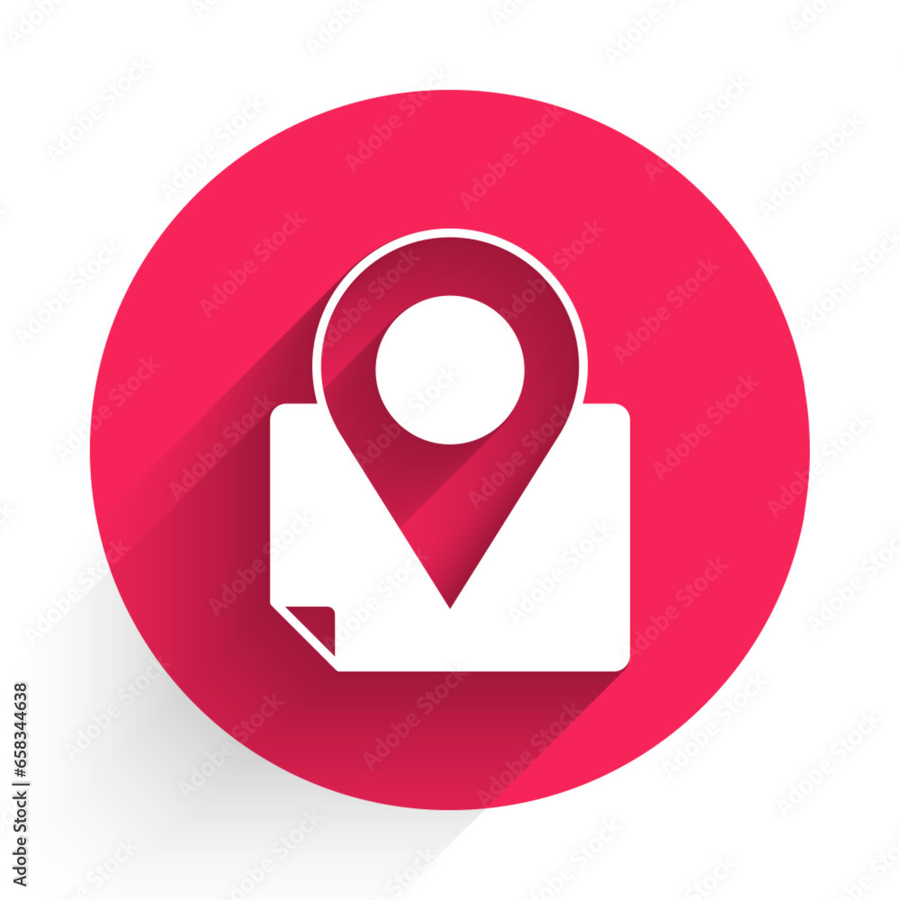 Poster white folded map with location marker icon isolated with long shadow background. red circle button. 