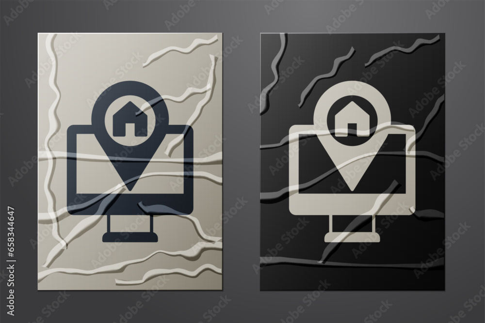 Poster white computer monitor and folded map with location marker icon isolated on crumpled paper backgroun