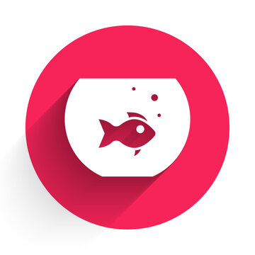 White Aquarium with fish icon isolated with long shadow background. Round glass aquarium. Aquarium for home and pets. Red circle button. Vector