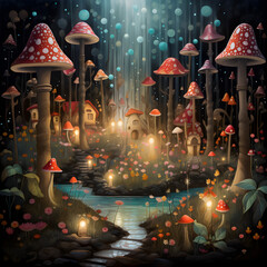 Whimsical art of mushroom jungle