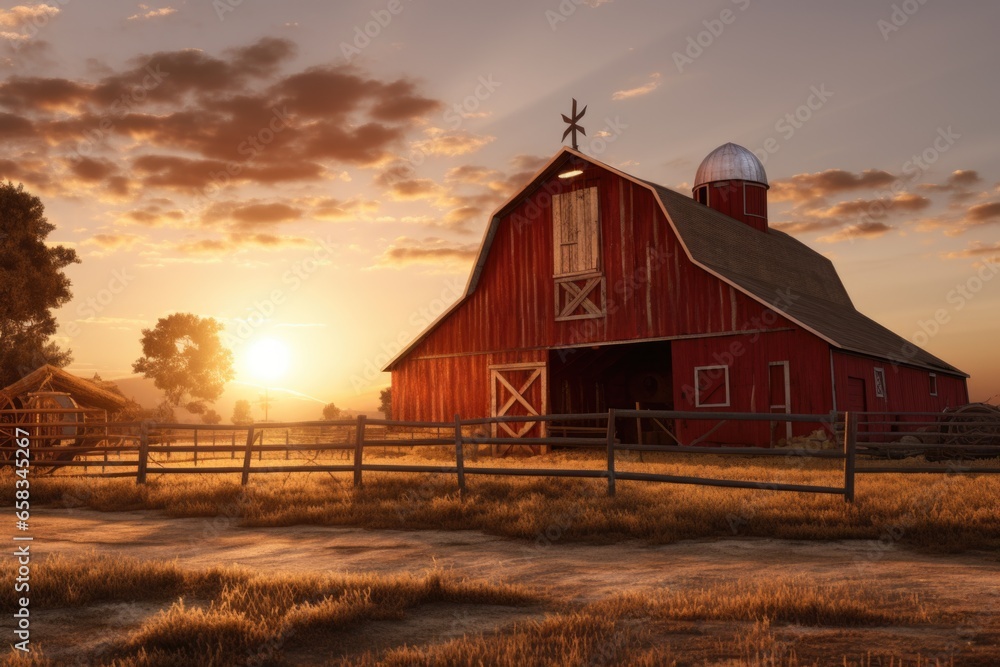 Aufkleber a picturesque red barn stands in a field as the sun sets, creating a serene and beautiful scene. thi