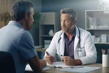 A male doctor engaged in a conversation with a male patient. This image can be used to depict a medical consultation or healthcare interaction.