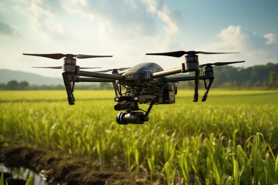 A black drone is captured in flight over a lush field of green grass. This image can be used to depict modern technology and agriculture or to illustrate aerial surveillance and monitoring.