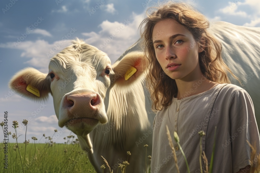 Poster A woman standing in a field, accompanied by a cow. Suitable for agricultural, rural, and nature-themed projects.