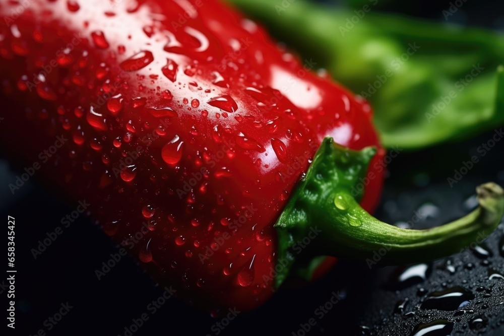 Poster A close-up image of a red pepper with water droplets on its surface. This picture can be used to enhance food-related content or to add a fresh and vibrant touch to culinary designs.