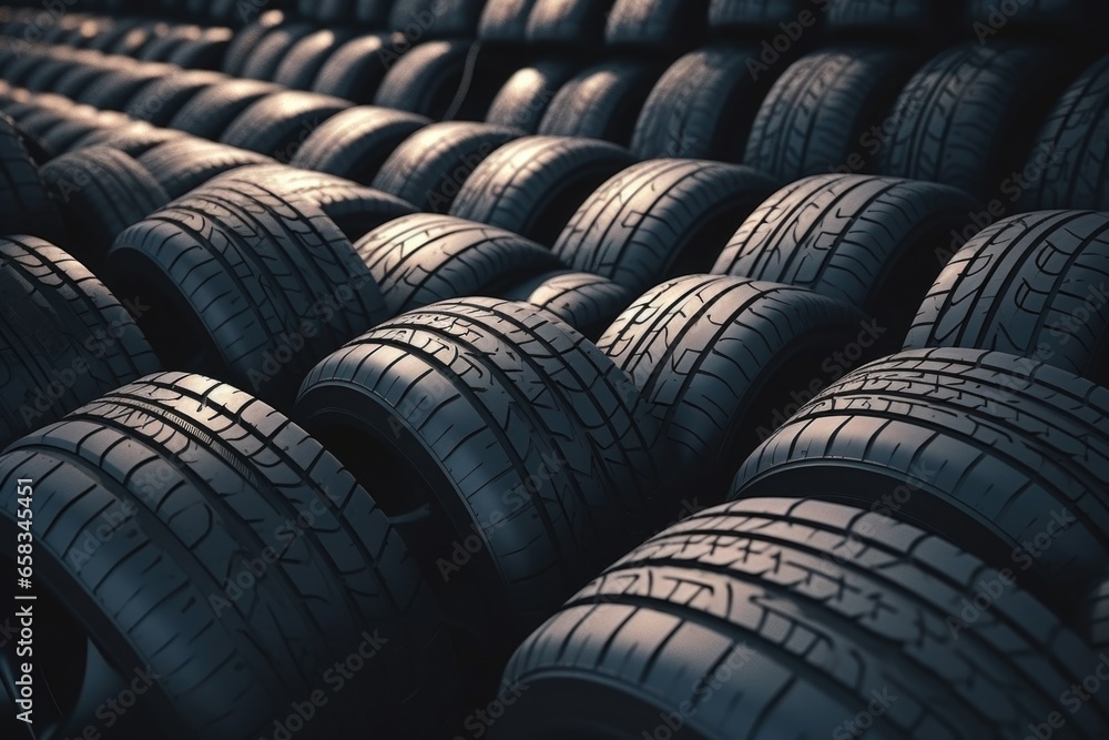 Poster a row of tires lined up in a bunch. this image can be used to depict concepts related to transportat