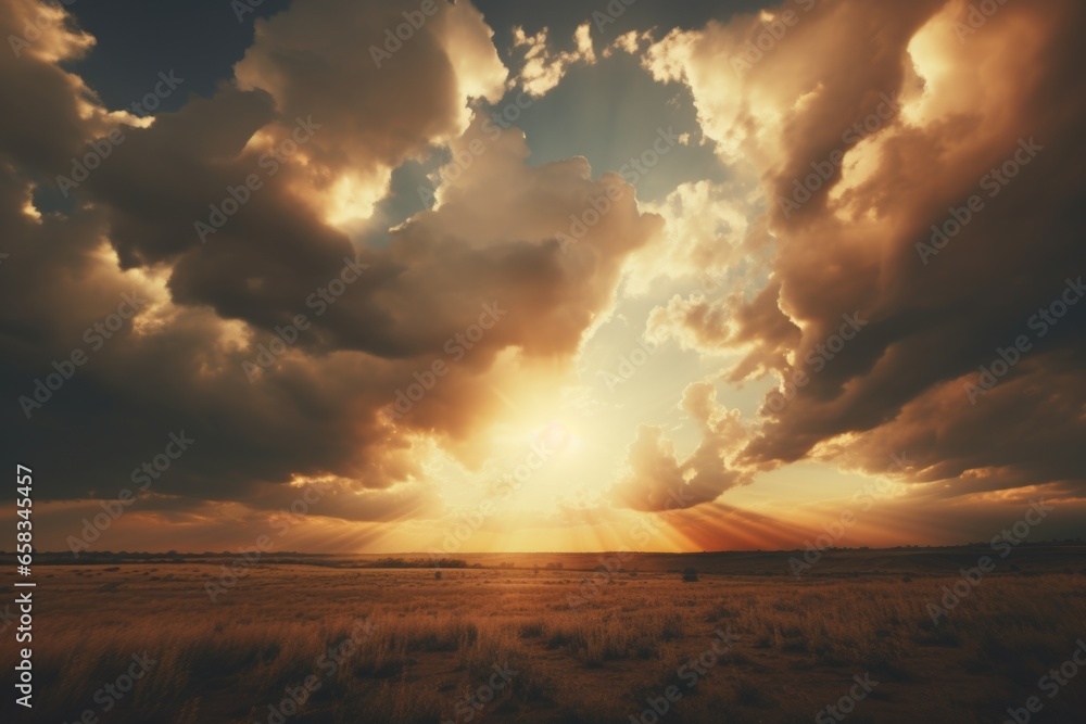 Poster The sun shines through the clouds, creating a beautiful scene over a vast field. This image can be used to portray a peaceful and serene atmosphere. .