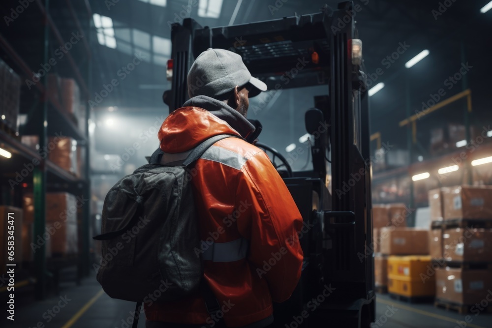 Poster a man in an orange jacket is operating a forklift. this image can be used to illustrate warehouse op