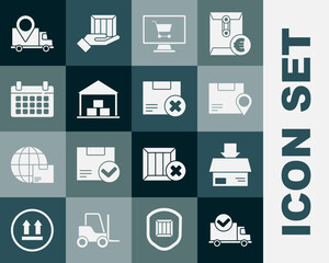 Set Delivery truck with check mark, Carton cardboard box, Location, Shopping cart computer, Warehouse, Calendar, tracking and and delete icon. Vector