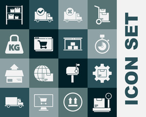 Set Scale with cardboard box, Gear wheel package, Stopwatch, Delivery cargo truck vehicle, Online shopping on screen, Weight, Warehouse and icon. Vector