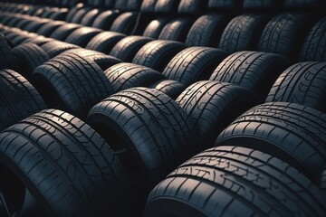 A row of tires lined up in a bunch. This image can be used to depict concepts related to transportation, automotive industry, tire manufacturing, or recycling. - obrazy, fototapety, plakaty