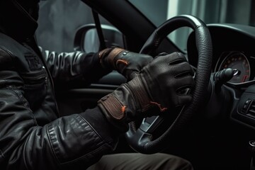 Fototapeta na wymiar A man in a leather jacket driving a car. Suitable for automotive and transportation themes.