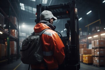 A man in an orange jacket is operating a forklift. This image can be used to illustrate warehouse operations or industrial work.
