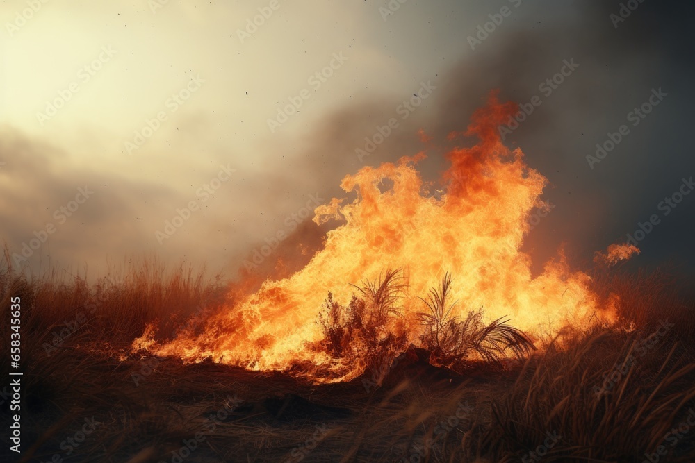 Poster a fire is burning in the middle of a field. this image can be used to depict a controlled burn, agri