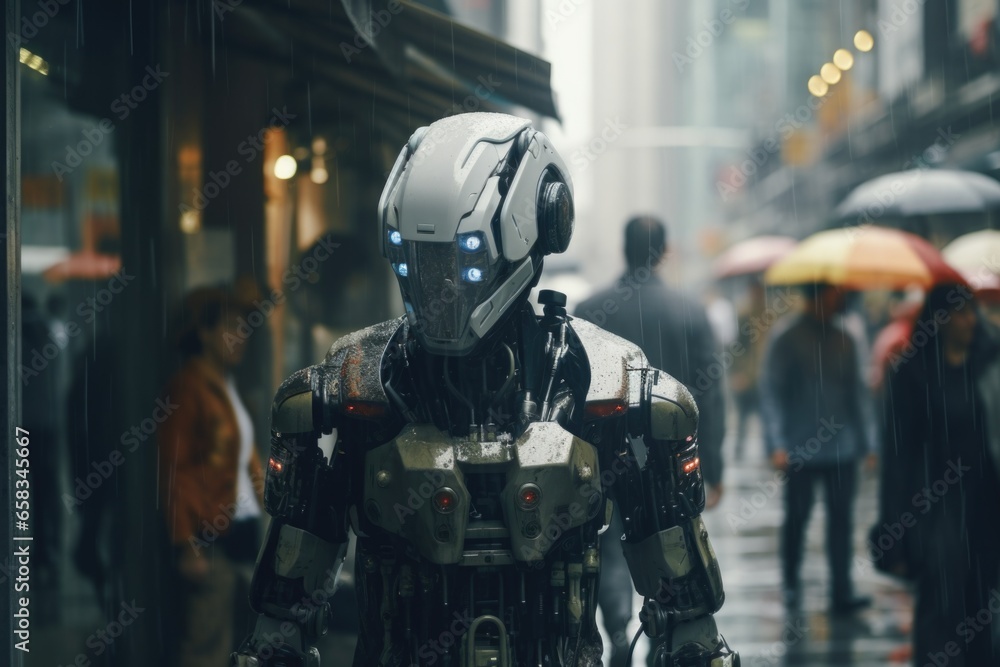 Poster a picture of a robot walking down a street in the rain. this image can be used to depict futuristic 