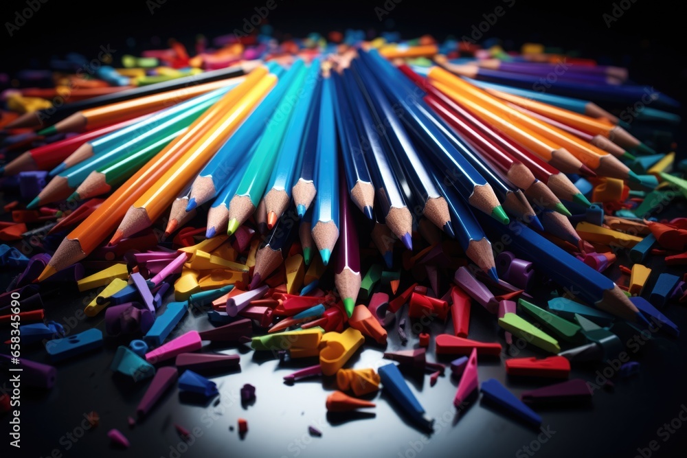 Poster A stack of colored pencils neatly arranged on top of each other. This image can be used to depict creativity, art, education, school supplies, or design concepts.