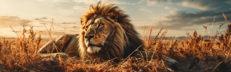 A Panoramic View of a Serene Lion in Its Natural Habitat