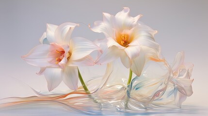  three white flowers are in a glass vase with water flowing around them.  generative ai