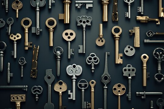 A bunch of old keys on a black surface. Perfect for images related to vintage, antique, or mysterious themes. .