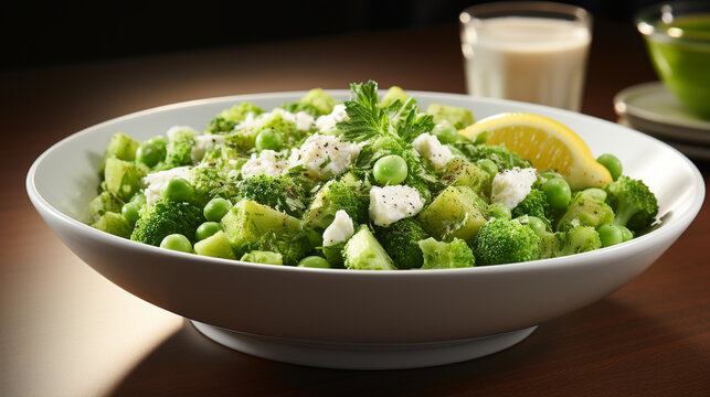 A bowl of pea and feta salad featuring fresh peas UHD wallpaper Stock Photographic Image