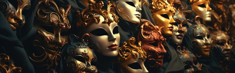 A banner background of Golden Glimpses of Carnevale How Luxurious Masks Shape the Essence of Venetian Celebrations - obrazy, fototapety, plakaty