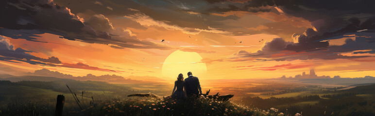 Fototapeta na wymiar A Panoramic Vista of a Dreamy Couple Watching a Peaceful Sunset Sitting on a Countryside Hill