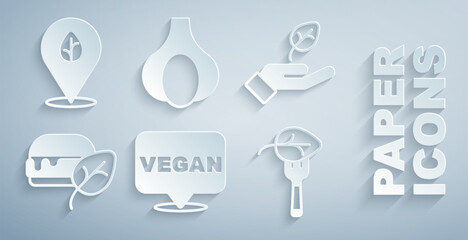 Set Vegan food diet, Plant in hand, Garlic and icon. Vector