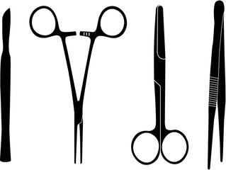 Surgical instruments. Medical hemostatic clamp, scissors, tweezer, needle holder, scalpel. Surgical, medical tools. Medical instruments. Icons. Isolated on white background. Vector illustration.