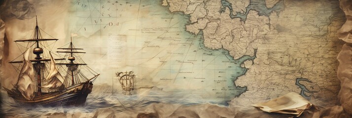 Sailing Through Time  Antique Sailboat, Age-old Compass, and Aged Map Embarking on Adventures Unknown - obrazy, fototapety, plakaty