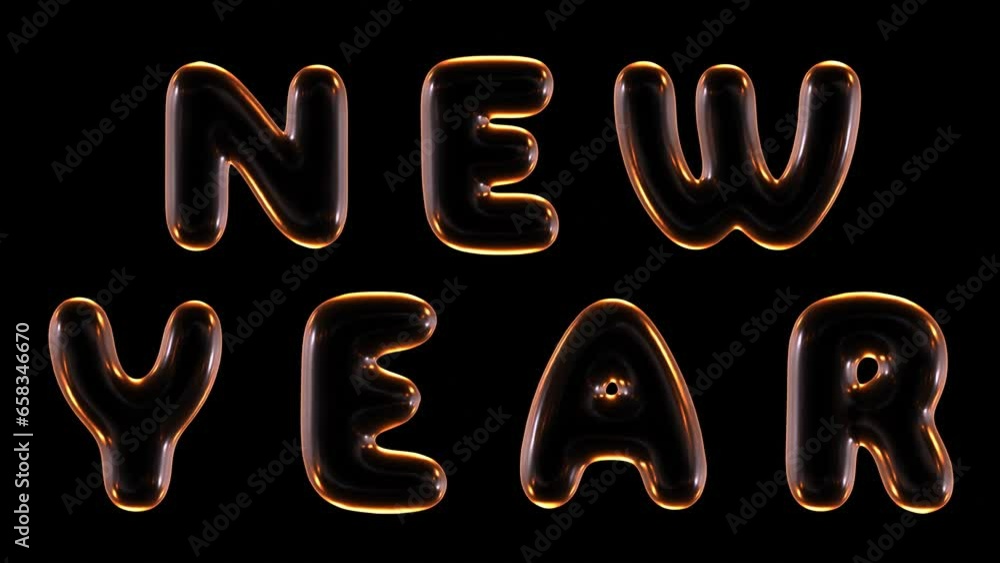 Poster animation of glowing new year text isolated on black background in 3d rendering.