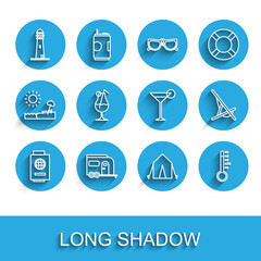 Set line Passport with ticket, Rv Camping trailer, Lighthouse, Tourist tent, Meteorology thermometer, Cocktail and alcohol drink, Sunbed and Martini glass icon. Vector