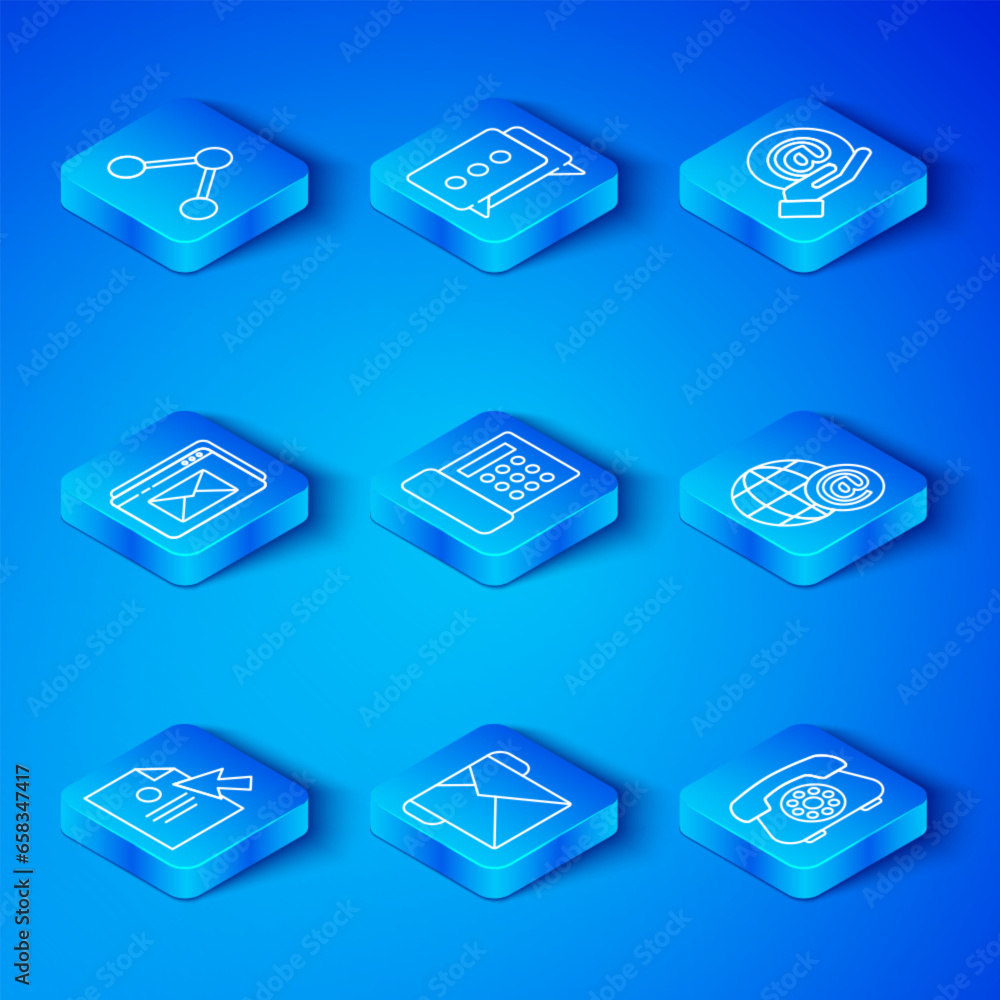 Poster set line document and cursor, telephone, envelope, earth globe with mail, mail e-mail in hand, websi