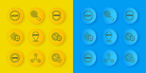 Set line Corona virus covid-19, Shield protecting from, 2019-nCoV location, Positive, and Virus under magnifying glass icon. Vector