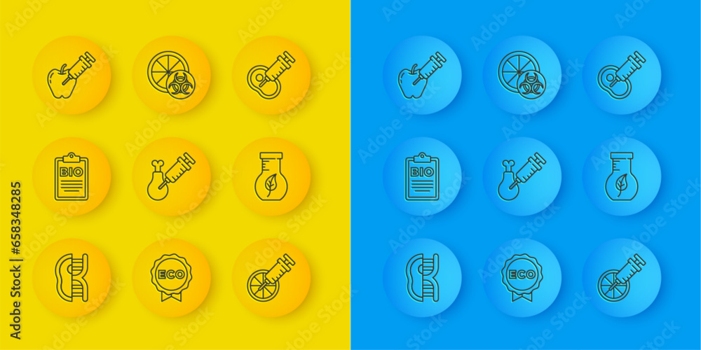 Wall mural Set line Genetically modified meat, Document for bio healthy food, Gmo research chicken, orange, Test tube and flask, apple, and icon. Vector