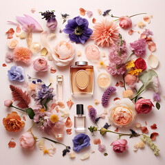 Perfume bottles with flowers. Top view, flat lay