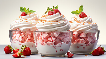 A bowl of strawberry trifle with alternating layers UHD wallpaper Stock Photographic Image - obrazy, fototapety, plakaty